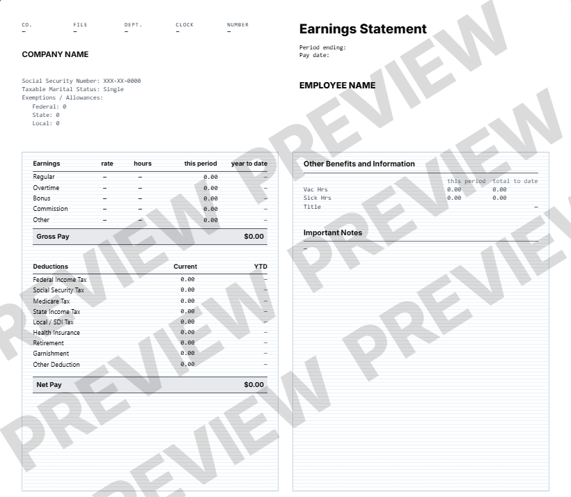 Detailed paystub layout preview